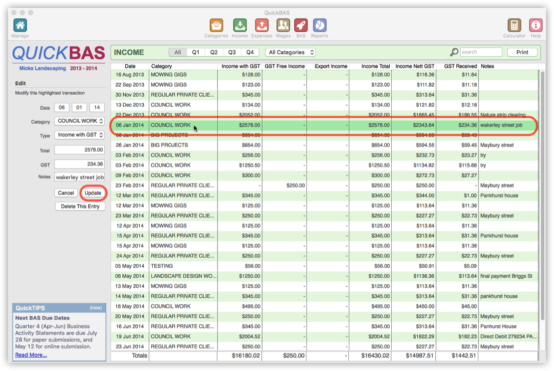 Edit Income Transaction