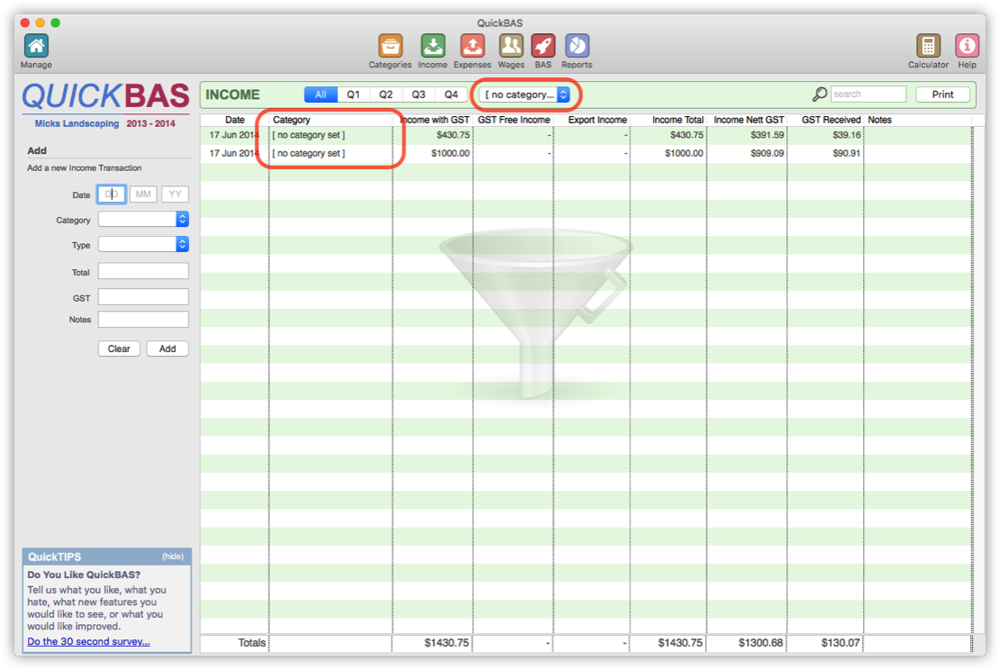 Importing Data, setting categories