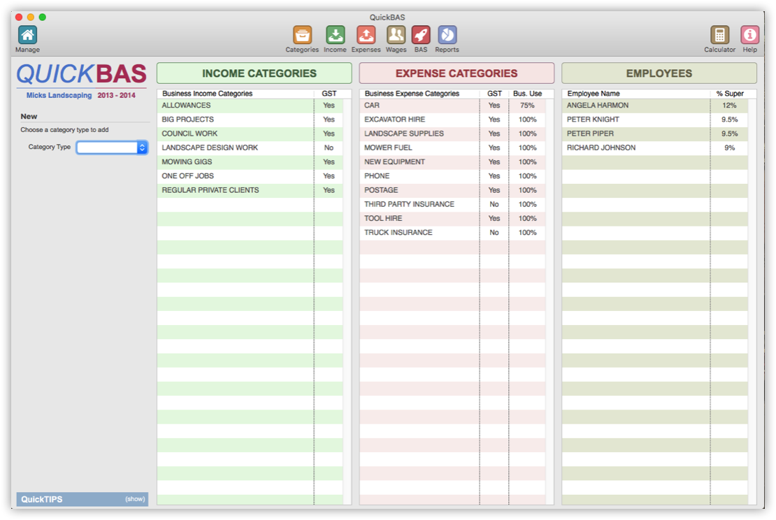 QuickBAS Income Expense and Employee Categories