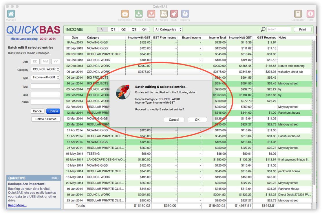 Income Edit Multiple warning