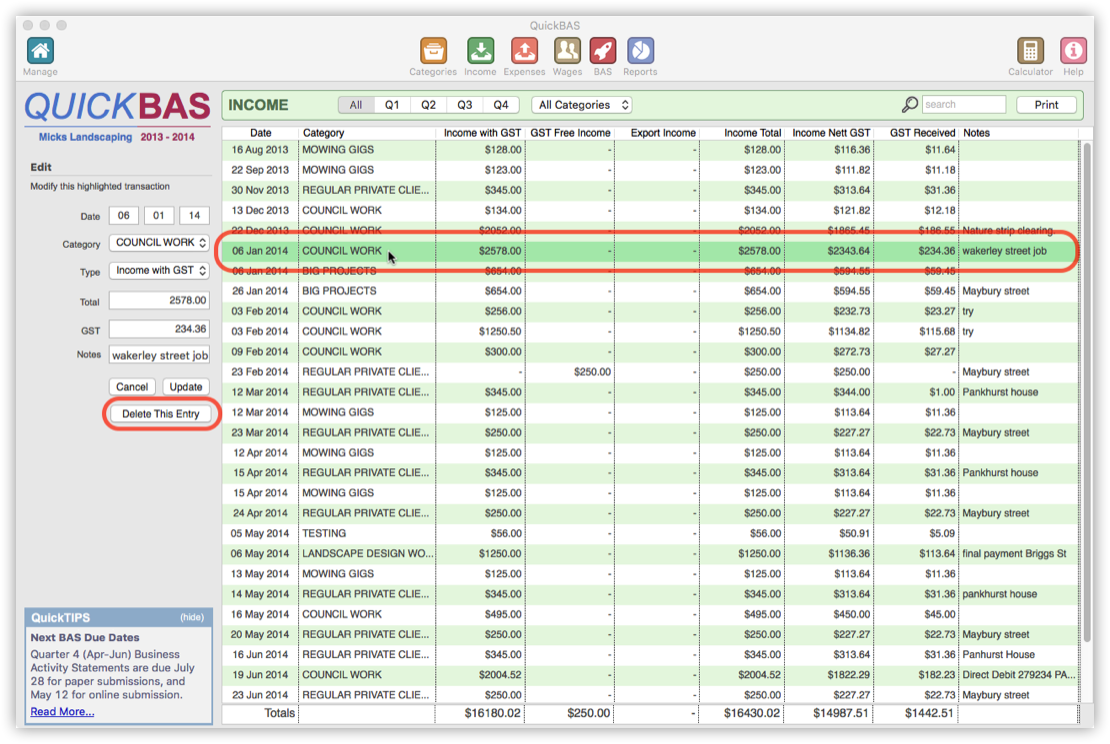 Delete Income Transaction