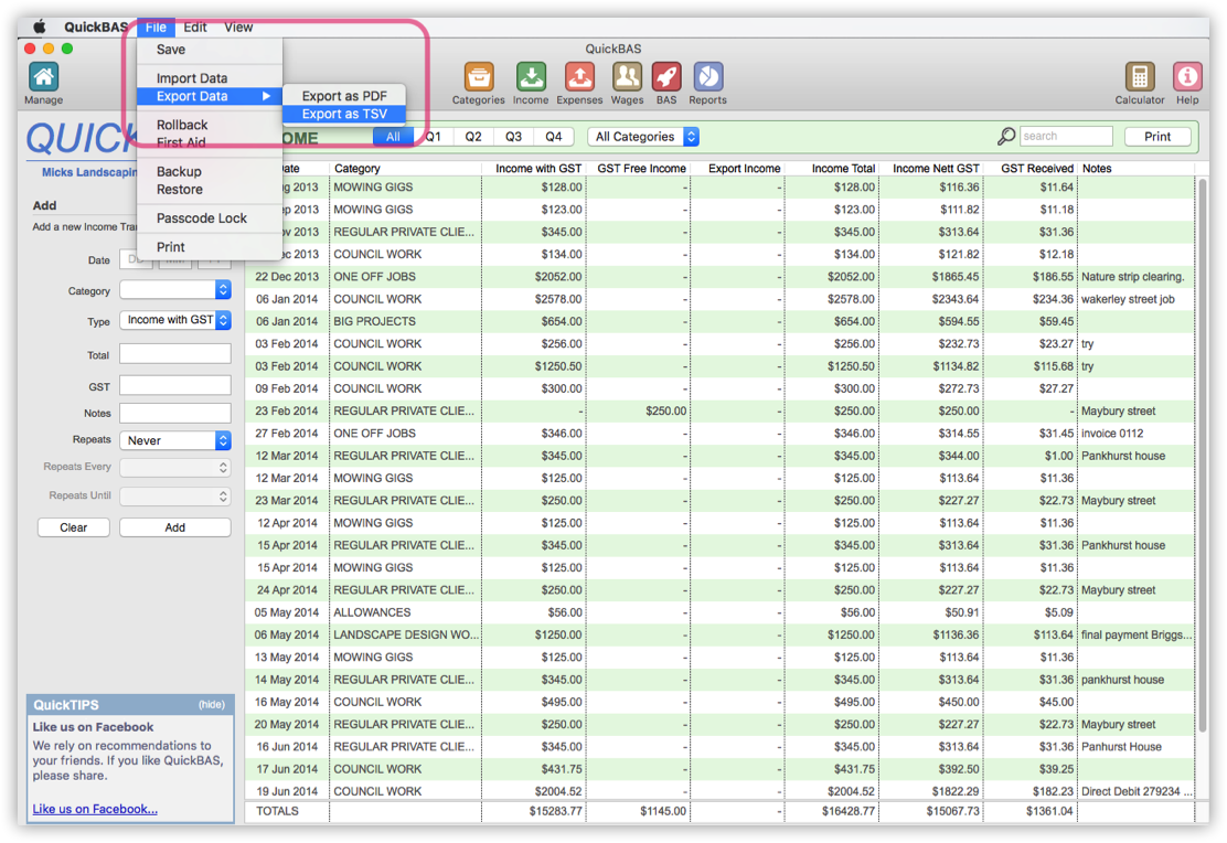 Exporting Income Data as TSV