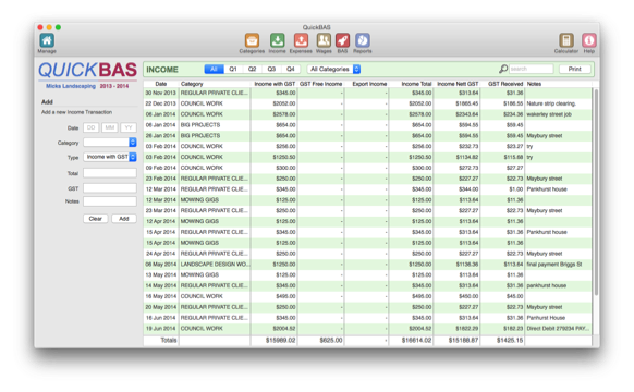 QuickBAS Income Sheet