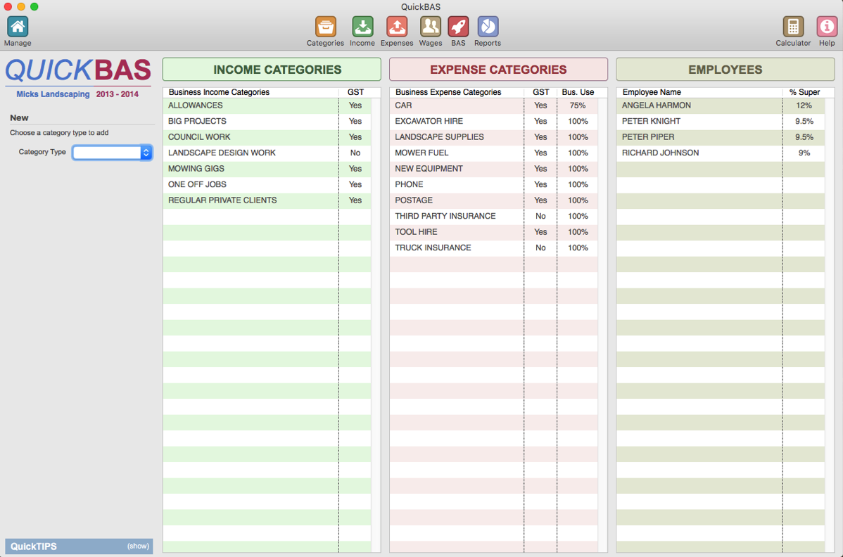 QuickBAS Categories Sheet