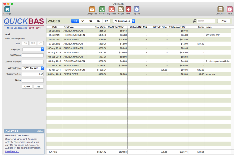 QuickBAS Wages Sheet