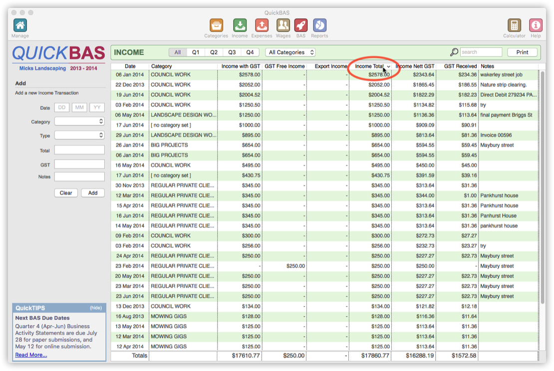 Sorting Income Entries