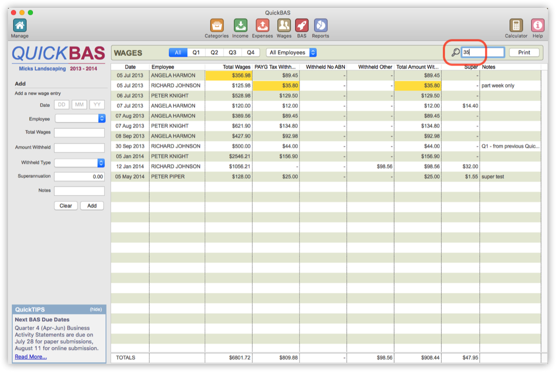 Search Wages Entries