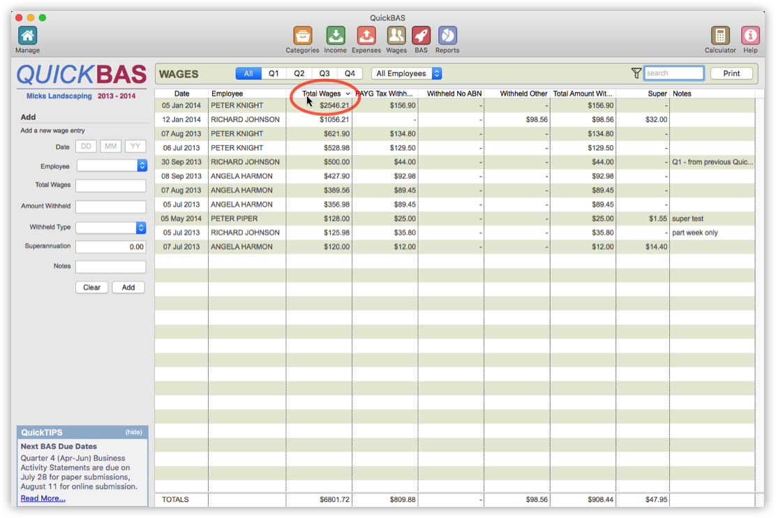 Sorting Wages Entries